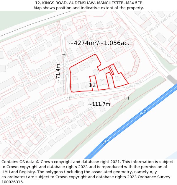 12, KINGS ROAD, AUDENSHAW, MANCHESTER, M34 5EP: Plot and title map