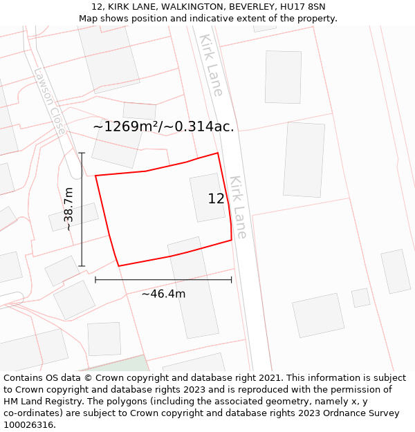 12, KIRK LANE, WALKINGTON, BEVERLEY, HU17 8SN: Plot and title map