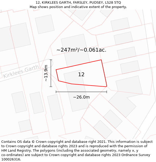 12, KIRKLEES GARTH, FARSLEY, PUDSEY, LS28 5TQ: Plot and title map