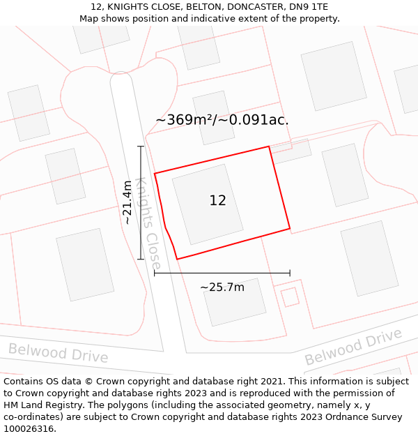 12, KNIGHTS CLOSE, BELTON, DONCASTER, DN9 1TE: Plot and title map