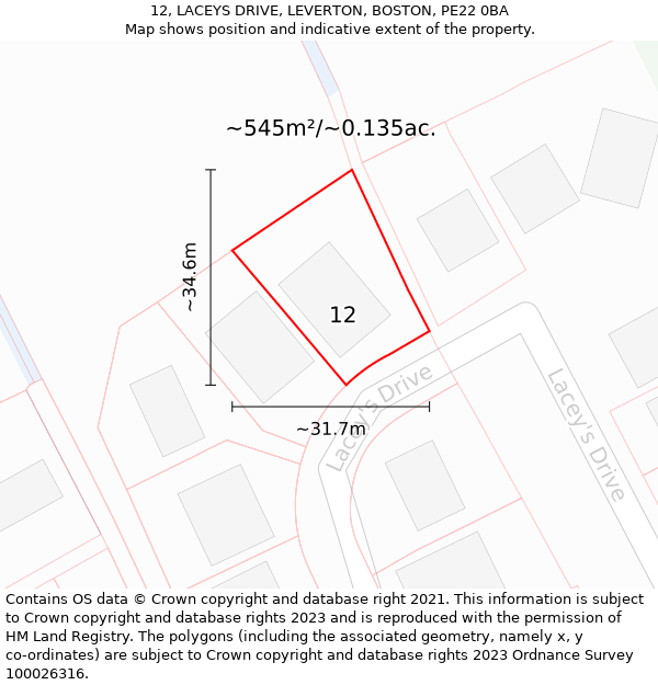 12, LACEYS DRIVE, LEVERTON, BOSTON, PE22 0BA: Plot and title map