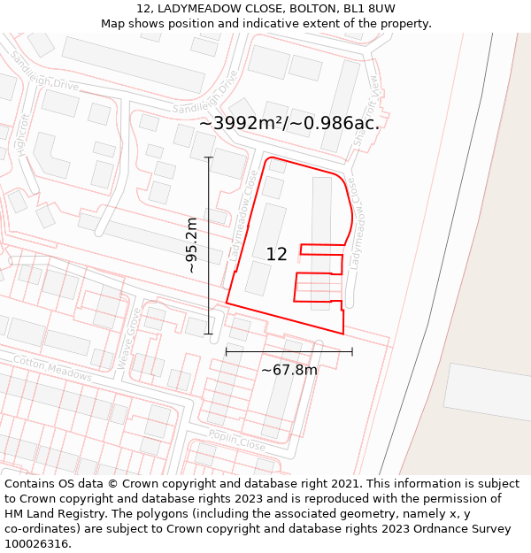 12, LADYMEADOW CLOSE, BOLTON, BL1 8UW: Plot and title map
