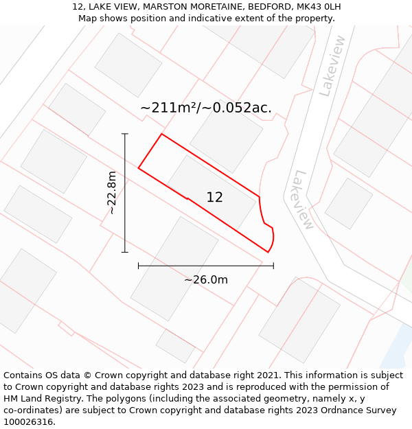 12, LAKE VIEW, MARSTON MORETAINE, BEDFORD, MK43 0LH: Plot and title map