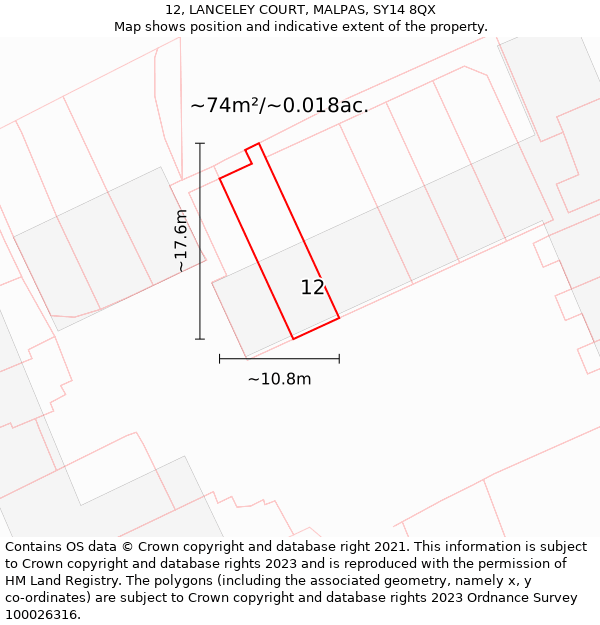 12, LANCELEY COURT, MALPAS, SY14 8QX: Plot and title map