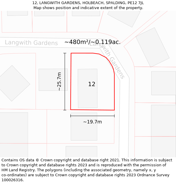 12, LANGWITH GARDENS, HOLBEACH, SPALDING, PE12 7JL: Plot and title map