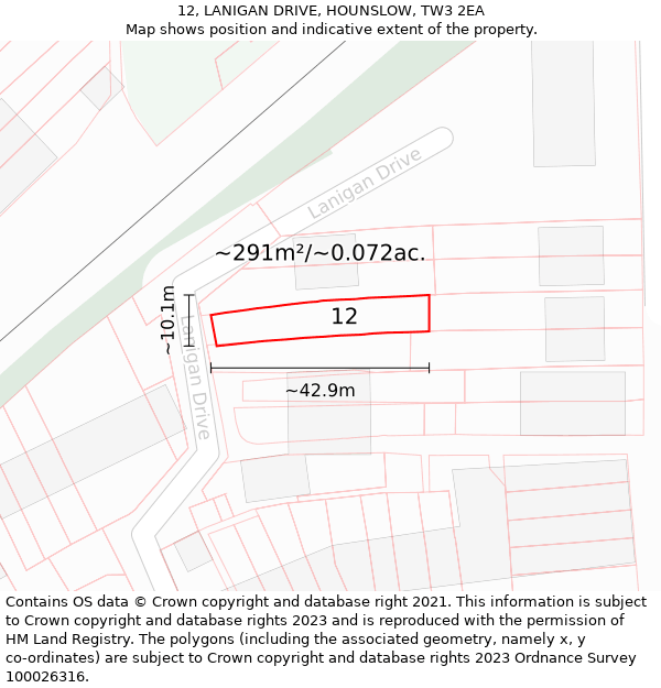 12, LANIGAN DRIVE, HOUNSLOW, TW3 2EA: Plot and title map