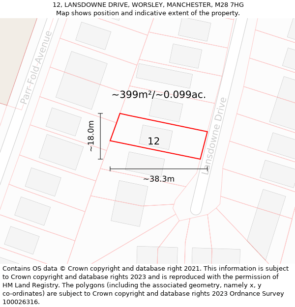 12, LANSDOWNE DRIVE, WORSLEY, MANCHESTER, M28 7HG: Plot and title map