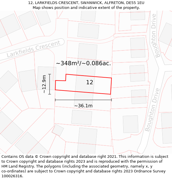 12, LARKFIELDS CRESCENT, SWANWICK, ALFRETON, DE55 1EU: Plot and title map