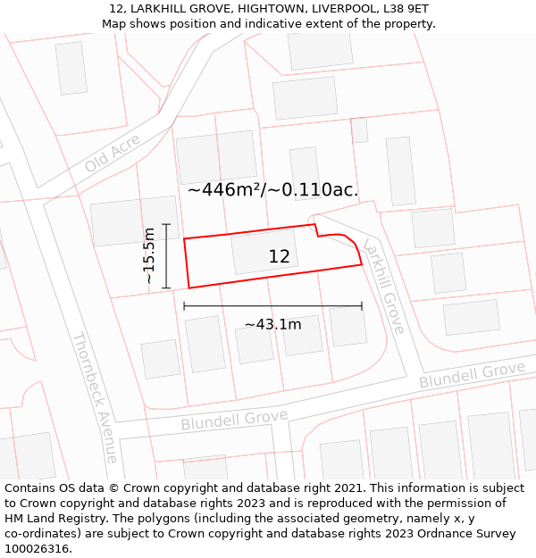 12, LARKHILL GROVE, HIGHTOWN, LIVERPOOL, L38 9ET: Plot and title map