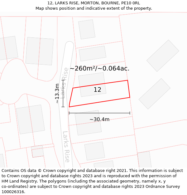 12, LARKS RISE, MORTON, BOURNE, PE10 0RL: Plot and title map