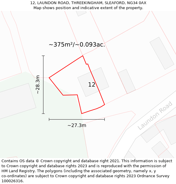 12, LAUNDON ROAD, THREEKINGHAM, SLEAFORD, NG34 0AX: Plot and title map