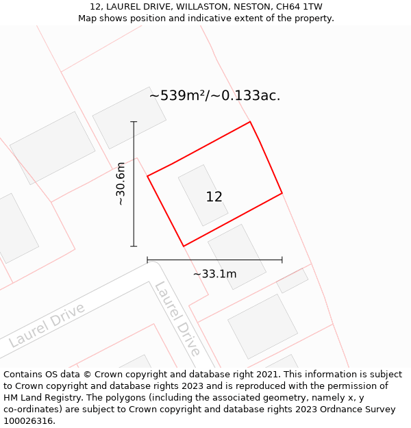 12, LAUREL DRIVE, WILLASTON, NESTON, CH64 1TW: Plot and title map