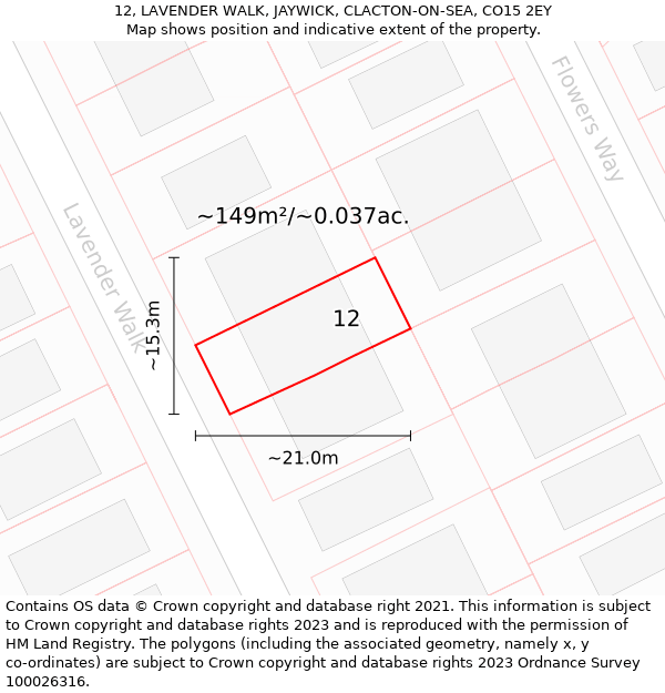 12, LAVENDER WALK, JAYWICK, CLACTON-ON-SEA, CO15 2EY: Plot and title map