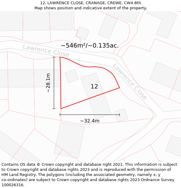 12, LAWRENCE CLOSE, CRANAGE, CREWE, CW4 8FA: Plot and title map