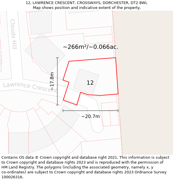 12, LAWRENCE CRESCENT, CROSSWAYS, DORCHESTER, DT2 8WL: Plot and title map