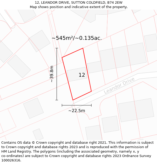 12, LEANDOR DRIVE, SUTTON COLDFIELD, B74 2EW: Plot and title map