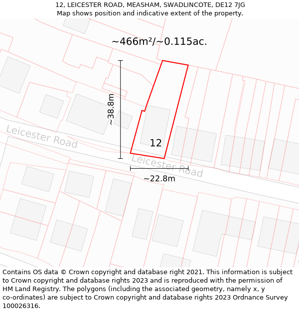 12, LEICESTER ROAD, MEASHAM, SWADLINCOTE, DE12 7JG: Plot and title map