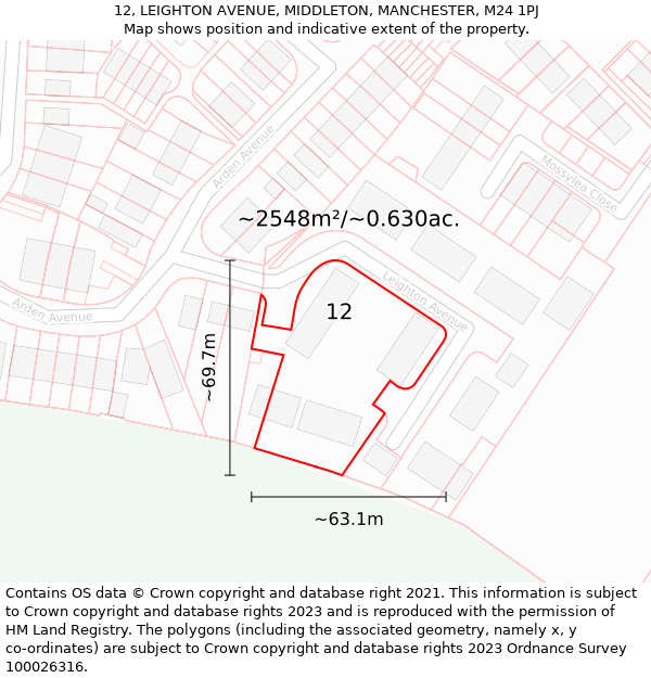 12, LEIGHTON AVENUE, MIDDLETON, MANCHESTER, M24 1PJ: Plot and title map