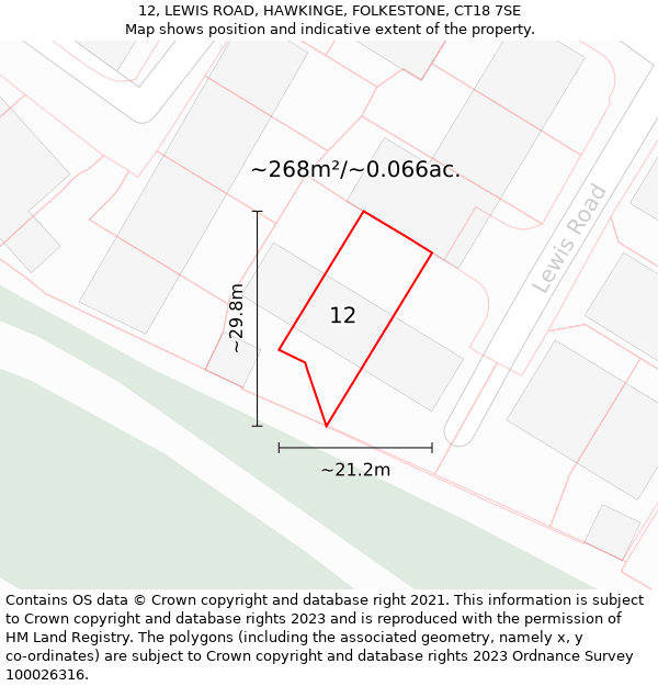 12, LEWIS ROAD, HAWKINGE, FOLKESTONE, CT18 7SE: Plot and title map