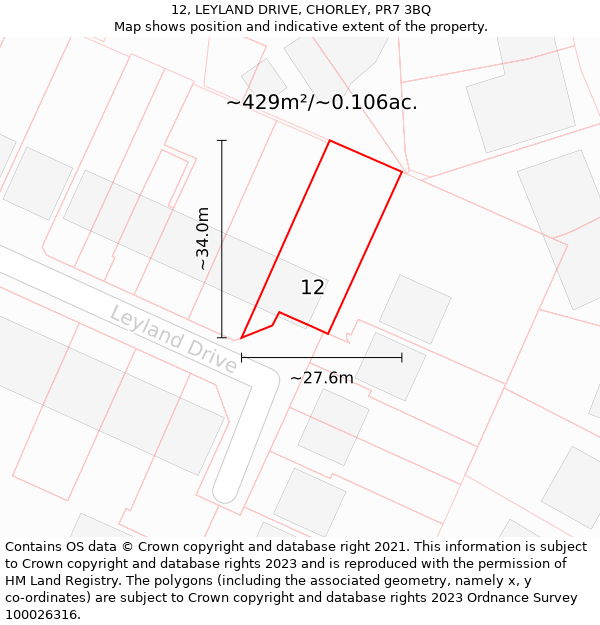 12, LEYLAND DRIVE, CHORLEY, PR7 3BQ: Plot and title map