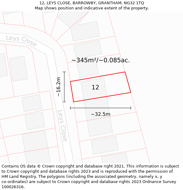 12, LEYS CLOSE, BARROWBY, GRANTHAM, NG32 1TQ: Plot and title map