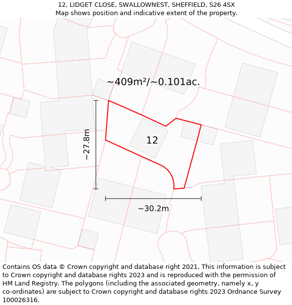 12, LIDGET CLOSE, SWALLOWNEST, SHEFFIELD, S26 4SX: Plot and title map