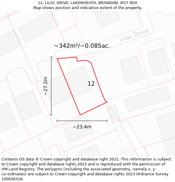 12, LILAC DRIVE, LAKENHEATH, BRANDON, IP27 9DX: Plot and title map