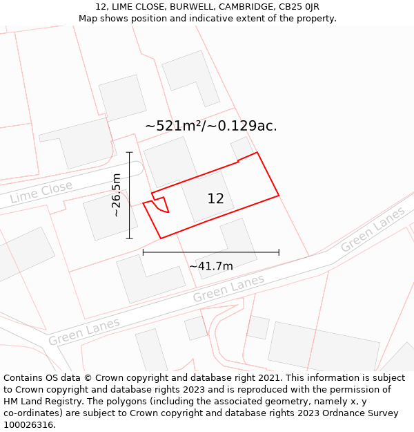 12, LIME CLOSE, BURWELL, CAMBRIDGE, CB25 0JR: Plot and title map