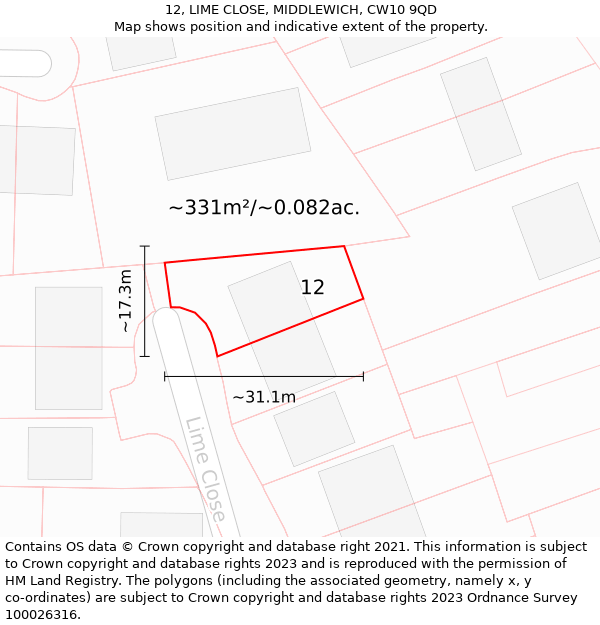 12, LIME CLOSE, MIDDLEWICH, CW10 9QD: Plot and title map