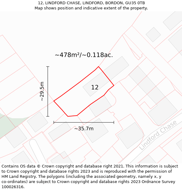 12, LINDFORD CHASE, LINDFORD, BORDON, GU35 0TB: Plot and title map