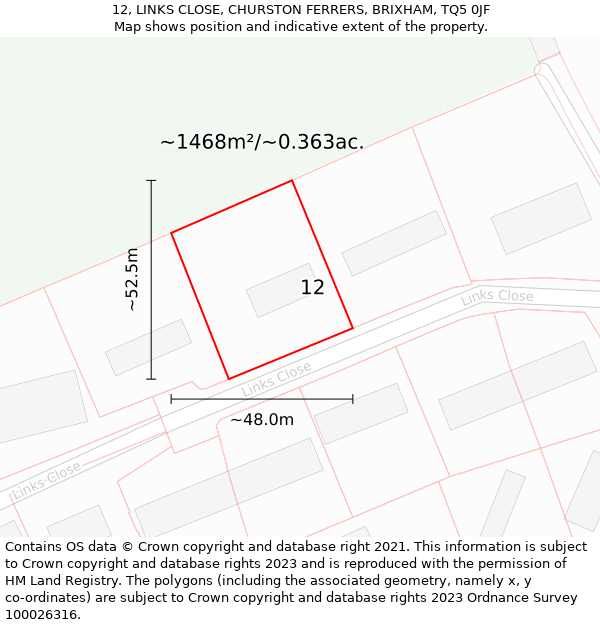 12, LINKS CLOSE, CHURSTON FERRERS, BRIXHAM, TQ5 0JF: Plot and title map