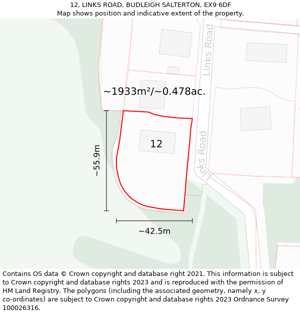 12, LINKS ROAD, BUDLEIGH SALTERTON, EX9 6DF: Plot and title map