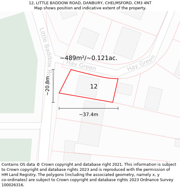 12, LITTLE BADDOW ROAD, DANBURY, CHELMSFORD, CM3 4NT: Plot and title map