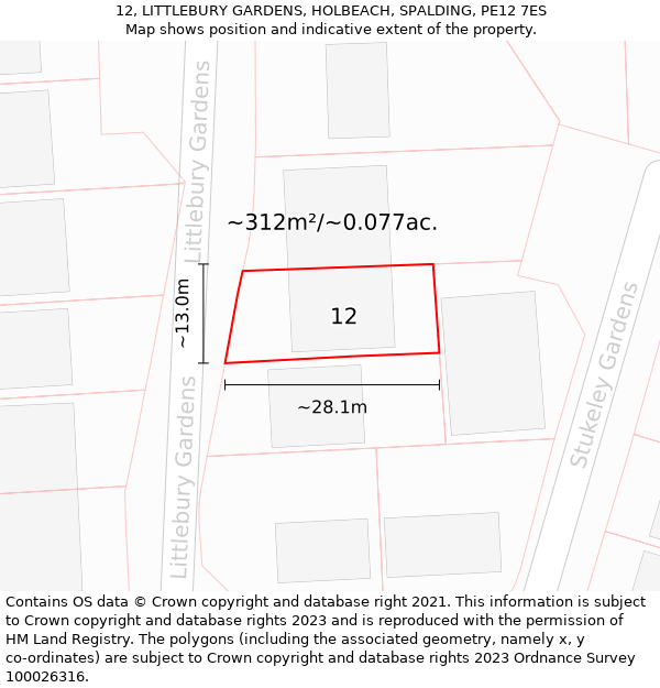 12, LITTLEBURY GARDENS, HOLBEACH, SPALDING, PE12 7ES: Plot and title map