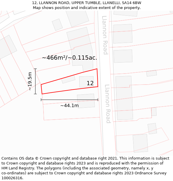 12, LLANNON ROAD, UPPER TUMBLE, LLANELLI, SA14 6BW: Plot and title map