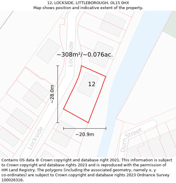 12, LOCKSIDE, LITTLEBOROUGH, OL15 0HX: Plot and title map