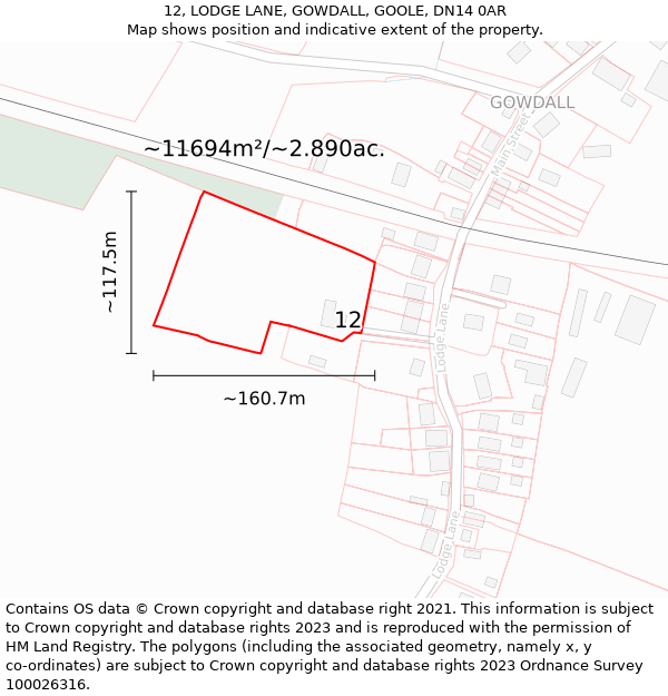 12, LODGE LANE, GOWDALL, GOOLE, DN14 0AR: Plot and title map
