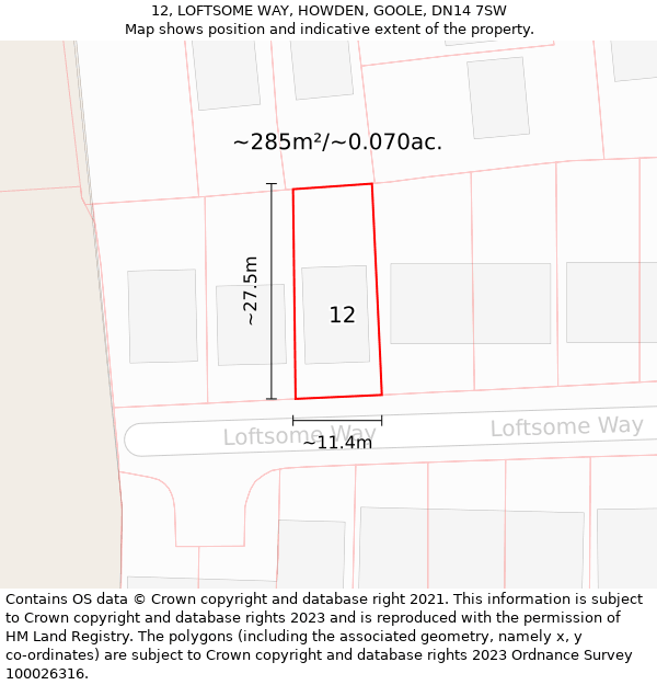 12, LOFTSOME WAY, HOWDEN, GOOLE, DN14 7SW: Plot and title map