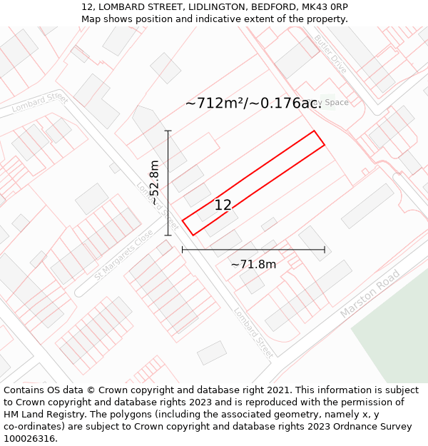 12, LOMBARD STREET, LIDLINGTON, BEDFORD, MK43 0RP: Plot and title map