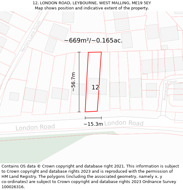 12, LONDON ROAD, LEYBOURNE, WEST MALLING, ME19 5EY: Plot and title map