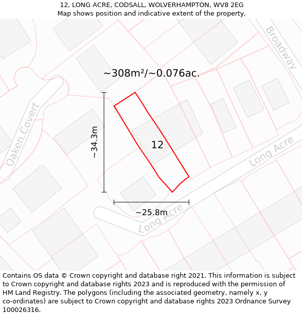 12, LONG ACRE, CODSALL, WOLVERHAMPTON, WV8 2EG: Plot and title map