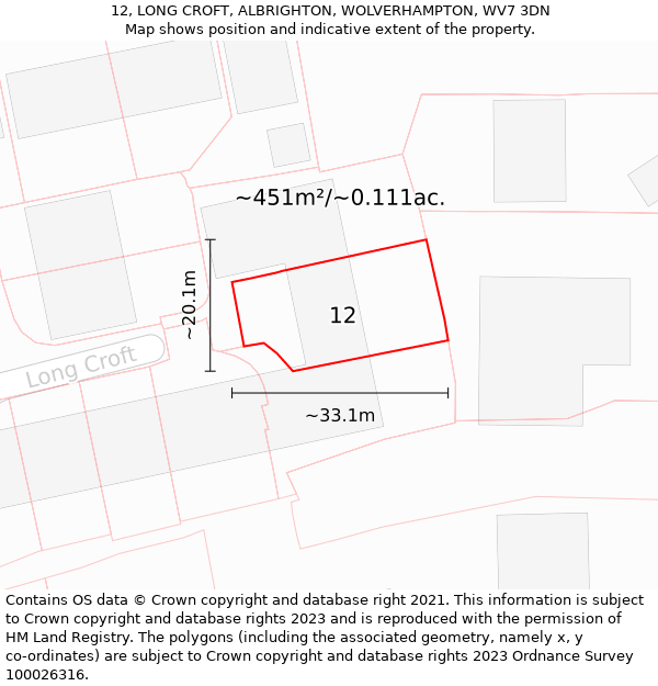 12, LONG CROFT, ALBRIGHTON, WOLVERHAMPTON, WV7 3DN: Plot and title map