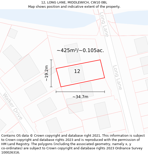 12, LONG LANE, MIDDLEWICH, CW10 0BL: Plot and title map