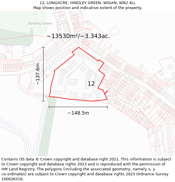 12, LONGACRE, HINDLEY GREEN, WIGAN, WN2 4LL: Plot and title map