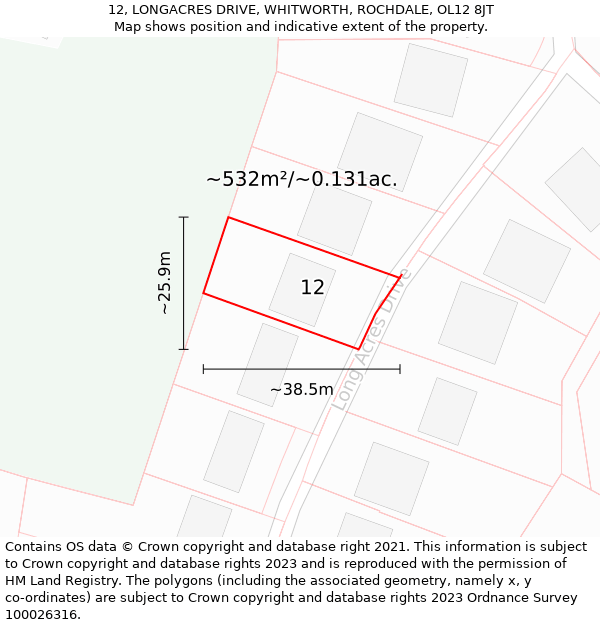 12, LONGACRES DRIVE, WHITWORTH, ROCHDALE, OL12 8JT: Plot and title map