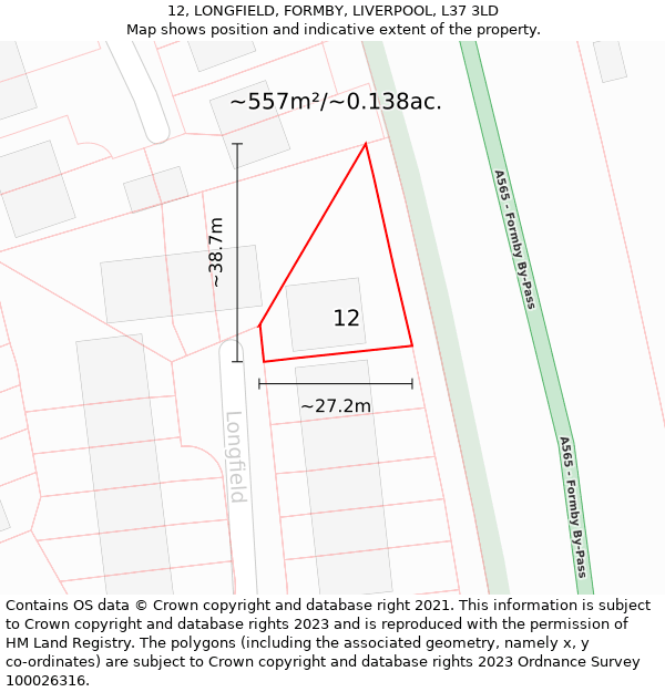 12, LONGFIELD, FORMBY, LIVERPOOL, L37 3LD: Plot and title map