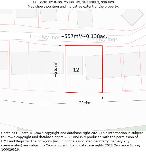 12, LONGLEY INGS, OXSPRING, SHEFFIELD, S36 8ZS: Plot and title map