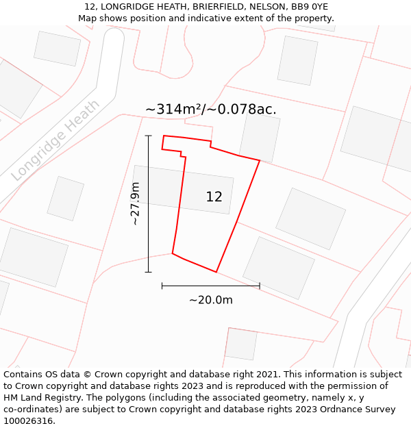 12, LONGRIDGE HEATH, BRIERFIELD, NELSON, BB9 0YE: Plot and title map