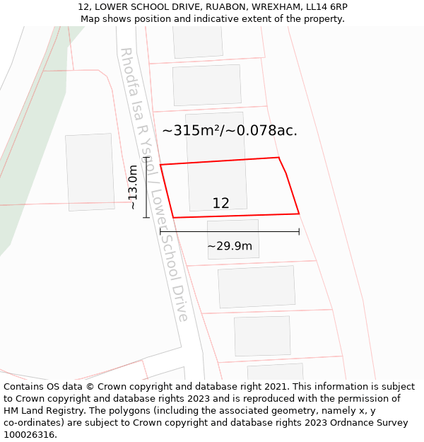 12, LOWER SCHOOL DRIVE, RUABON, WREXHAM, LL14 6RP: Plot and title map