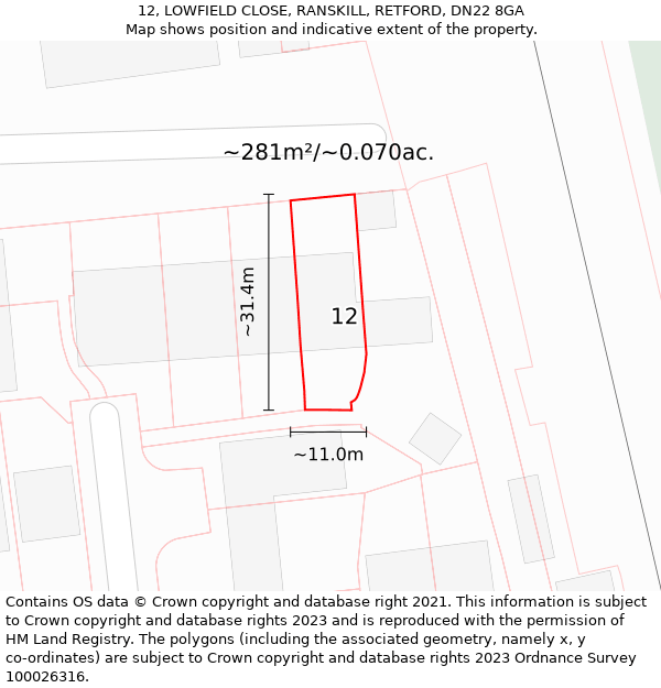 12, LOWFIELD CLOSE, RANSKILL, RETFORD, DN22 8GA: Plot and title map